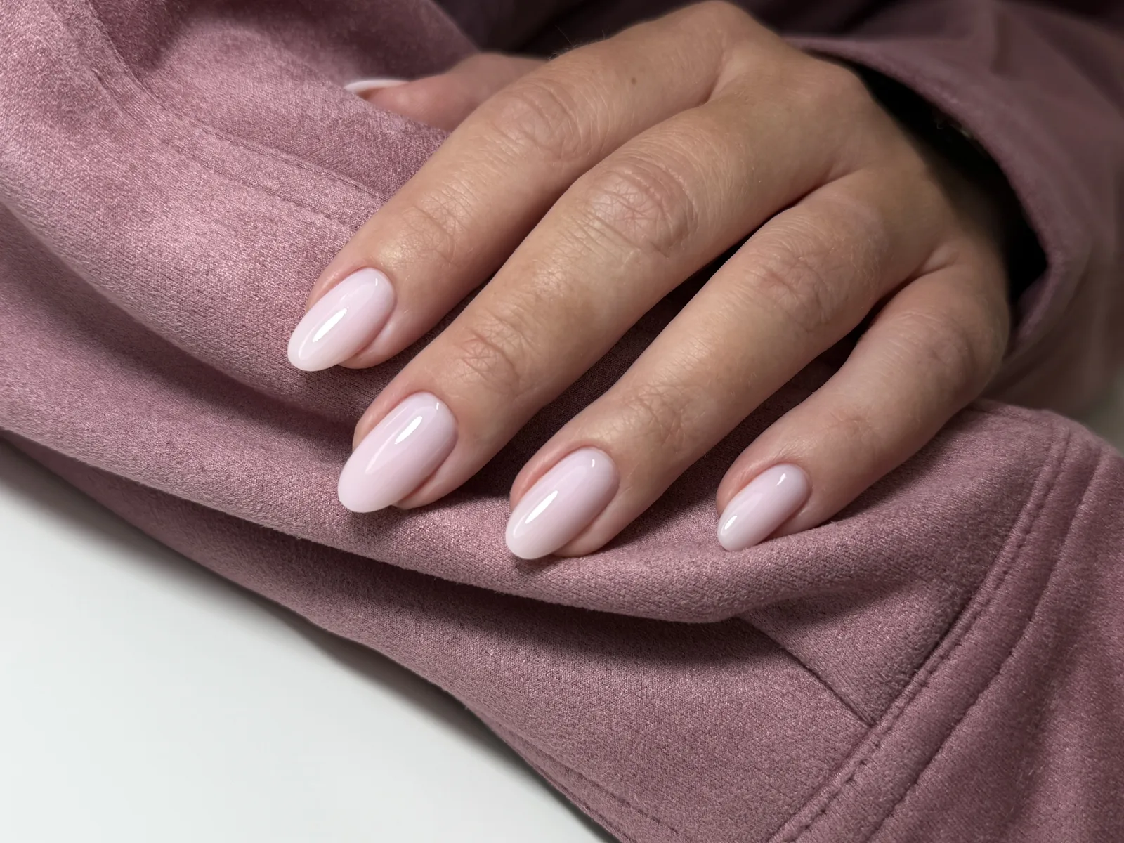 Milky pink gel Russian manicure, almond shape