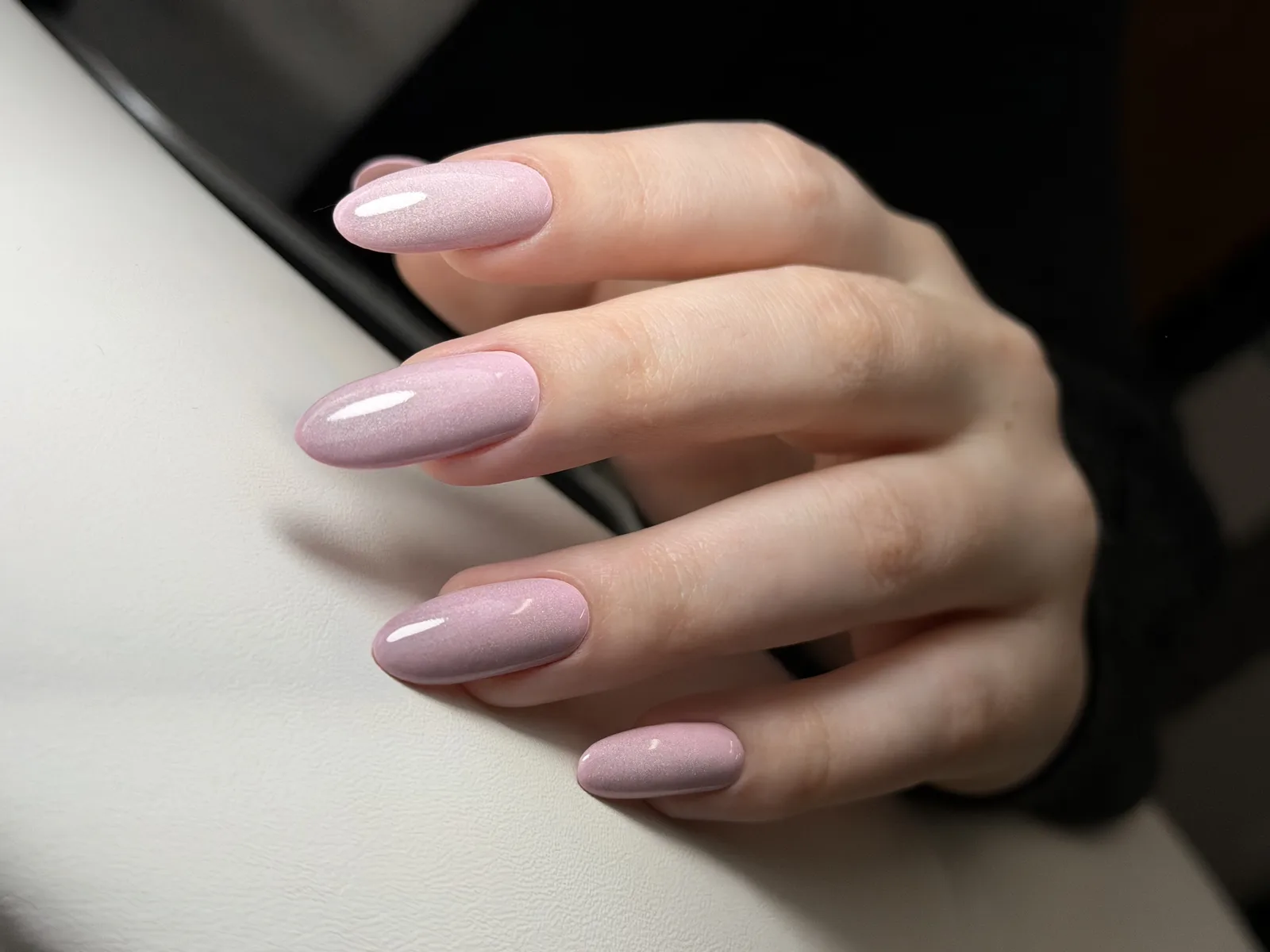 Mauve gel Russian manicure on long almond nails